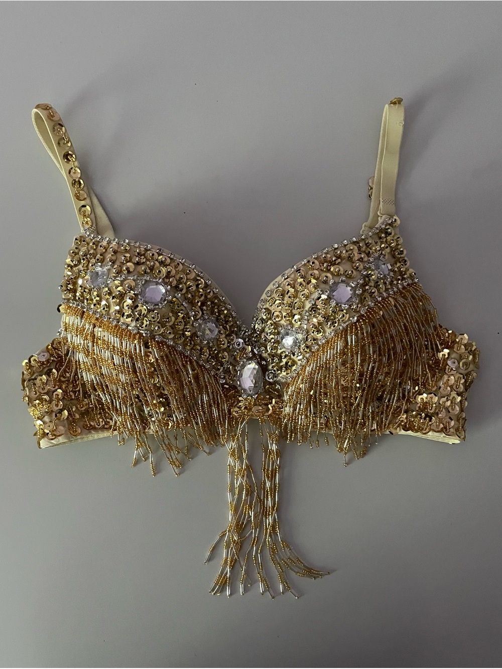 Gold Sequin Fringe Embellished Bra with Crystal Accents